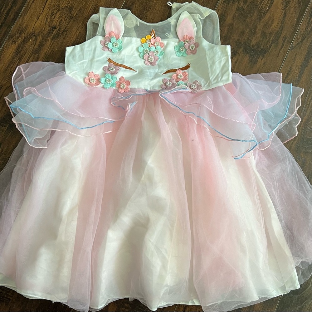 Girls Pink and White Floral unicorn Tulle Dress with wings